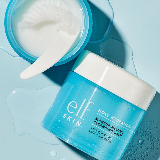 e.l.f. Skin Holy Hydration! Makeup Melting Cleansing Balm open jar on blue background