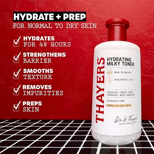 Thayers Hydrating Milky Toner bottle with Snow Mushroom and Hyaluronic Acid on red background
