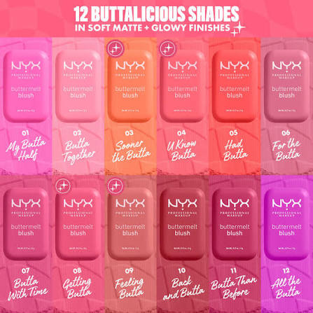 NYX Buttermelt Blush 12 shades flat lay — soft matte and glowy finishes