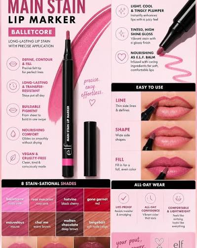 e.l.f. Main Stain Lip Marker in Balletcore showing 8 shades, application tips and all-day wear claims