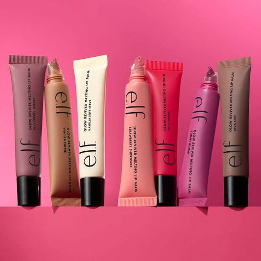 e.l.f. Glow Reviver Melting Lip Balm in 5 shades on pink background