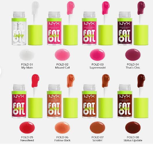 NYX Fat Oil Lip Drip in 8 shades with lime green packaging